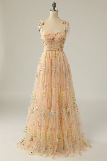 Champagne Tulle A Line Spaghetti Straps Ruched Long Prom Dress with Embroidery